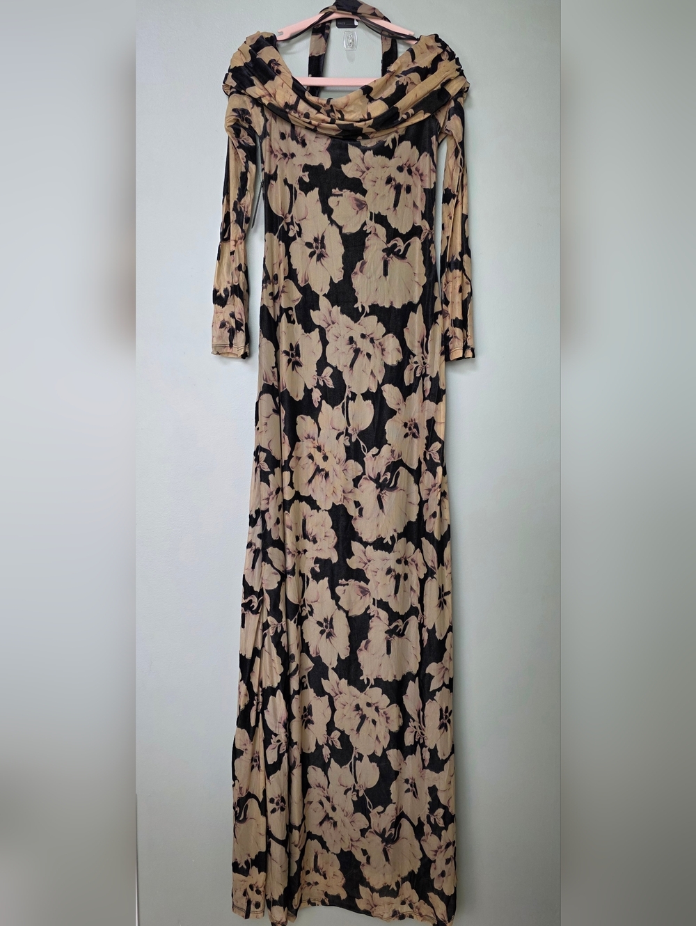 AFRM Arielle Burnout Velvet Off-Shoulder Halter Maxi Dress, Ivory Peony, XS - Picture 8 of 13